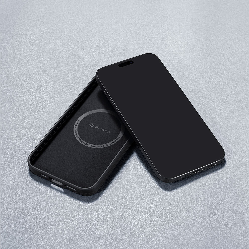 Apple iPhone 15 Pro Kılıf M-safe Şarj Özellikli 1500D Aramid Fiber Pitaka Military-Grade Classic Serisi Black-Grey Twill Kapak Siyah-Gri