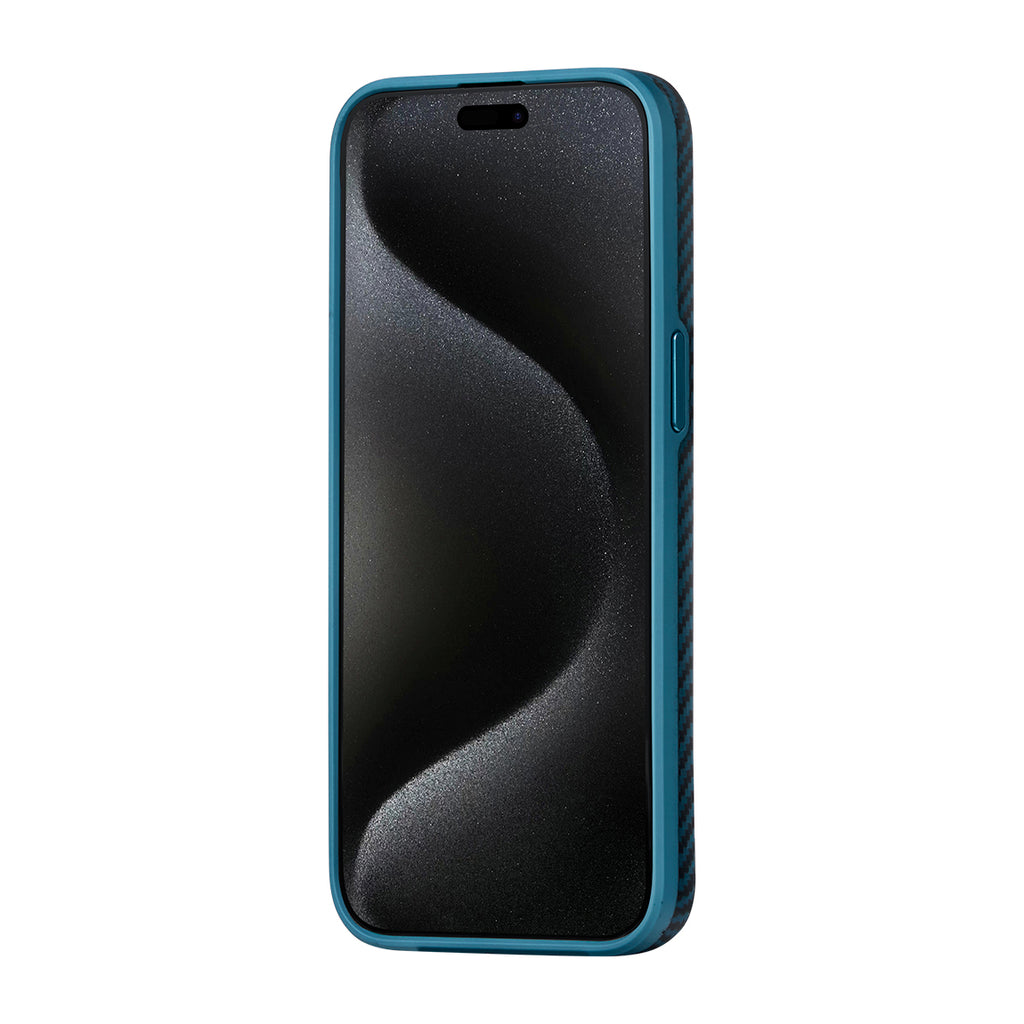 Apple iPhone 15 Pro Kılıf M-safe Şarj Özellikli 1500D Aramid Fiber Pitaka Military-Grade Classic Serisi Black-Grey Twill Kapak Siyah-Mavi