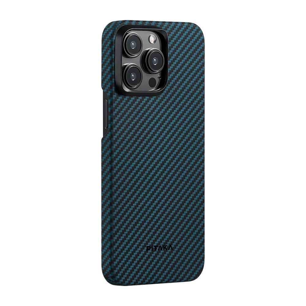 Apple iPhone 15 Pro Kılıf M-safe Şarj Özellikli 1500D Aramid Fiber Pitaka Ultra-Slim Classic Serisi Black-Blue Twill Kapak Siyah-Mavi