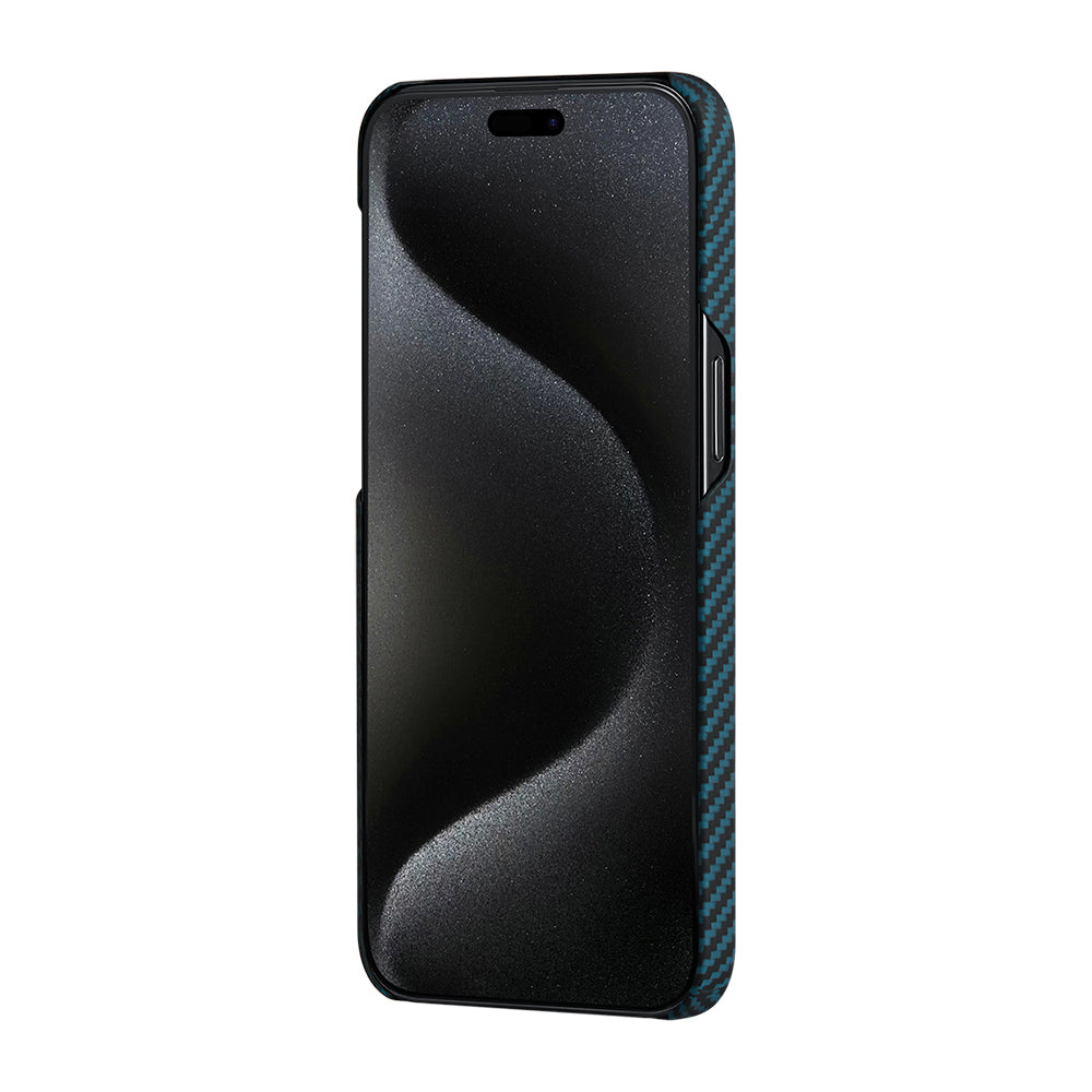 Apple iPhone 15 Pro Kılıf M-safe Şarj Özellikli 1500D Aramid Fiber Pitaka Ultra-Slim Classic Serisi Black-Blue Twill Kapak Siyah-Mavi