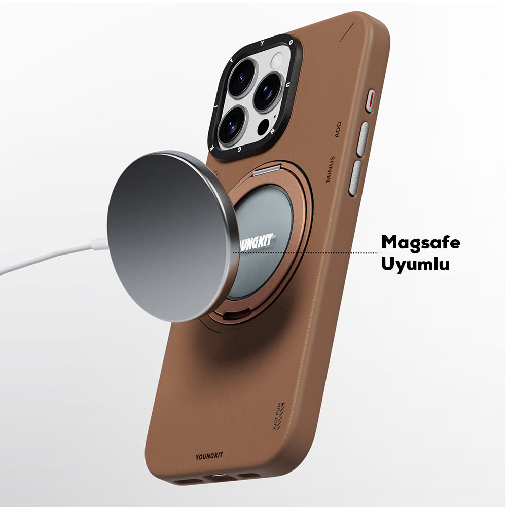 Apple iPhone 15 Pro Kılıf M-safe Şarj Özellikli 360° Standlı Basit Mat Deri Desenli Youngkit Tech Leather Serisi Kapak Kahverengi