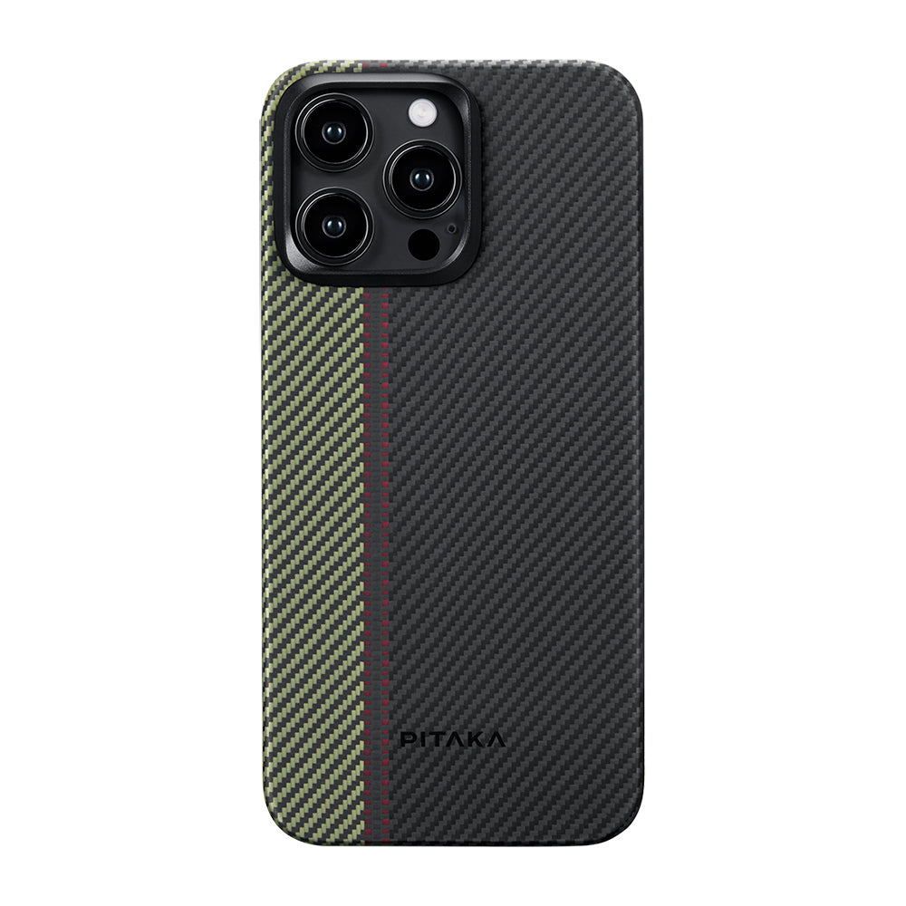 Apple iPhone 15 Pro Kılıf M-safe Şarj Özellikli 600D Aramid Fiber Pitaka Tactile Woven Orchestra Serisi Overture Kapak Siyah-Yeşil