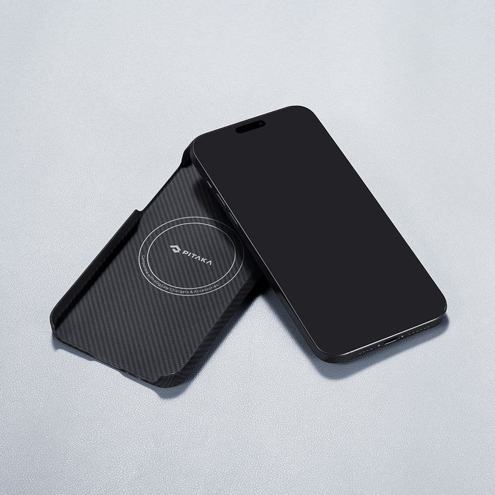 Apple iPhone 15 Pro Kılıf M-safe Şarj Özellikli 600D Aramid Fiber Pitaka Tactile Woven Orchestra Serisi Rhapsody Kapak Siyah