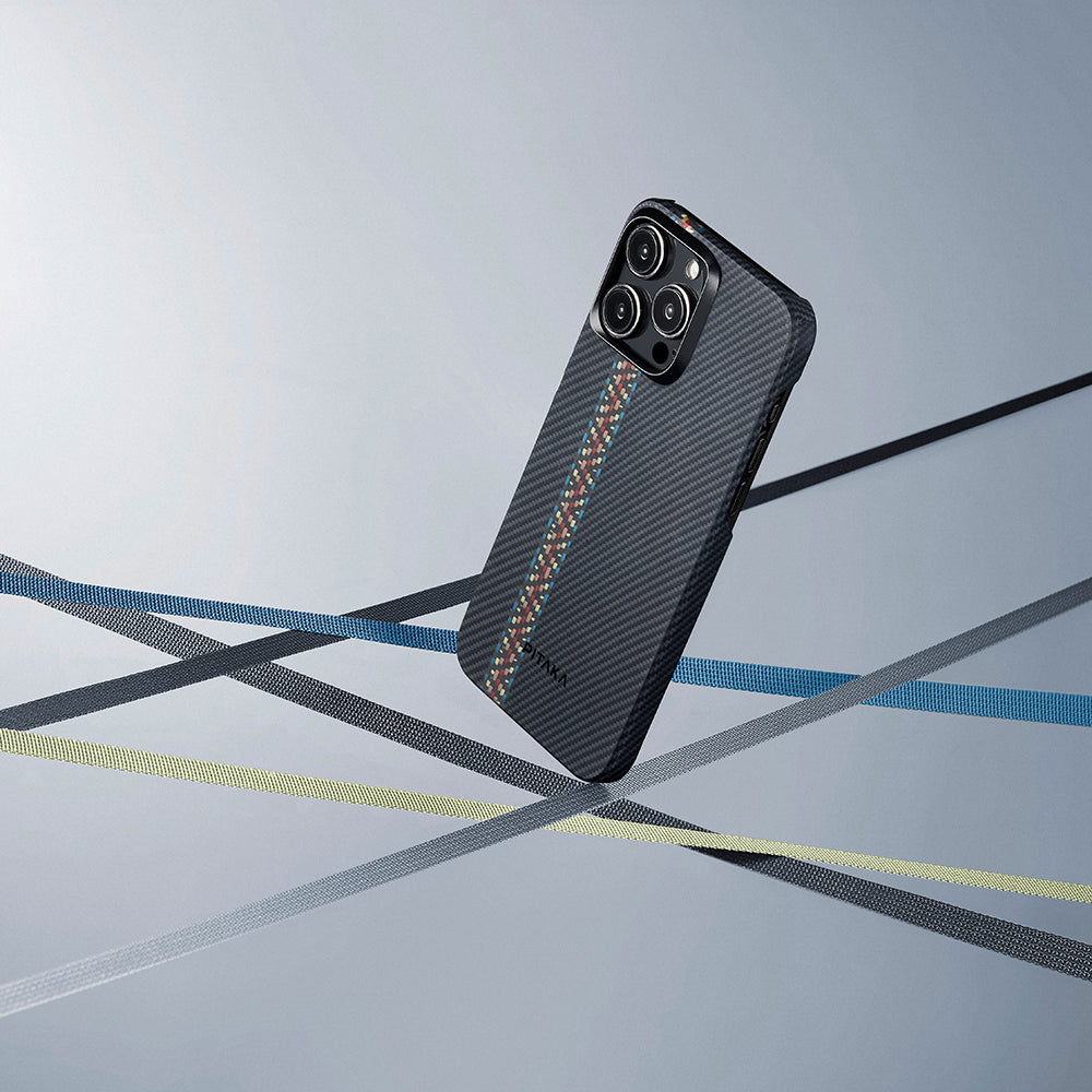 Apple iPhone 15 Pro Kılıf M-safe Şarj Özellikli 600D Aramid Fiber Pitaka Tactile Woven Orchestra Serisi Rhapsody Kapak Siyah