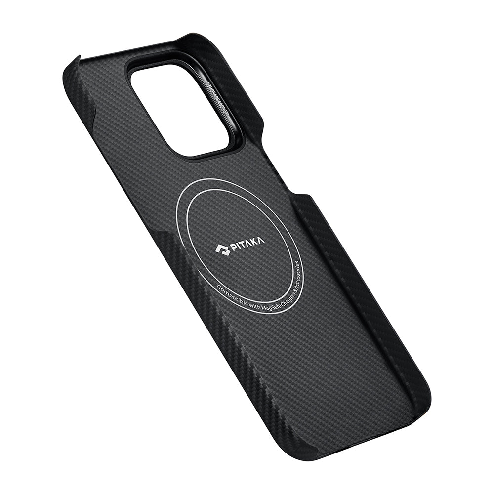 Apple iPhone 15 Pro Kılıf M-safe Şarj Özellikli 600D Aramid Fiber Pitaka Tactile Woven Orchestra Serisi Rhapsody Kapak Siyah