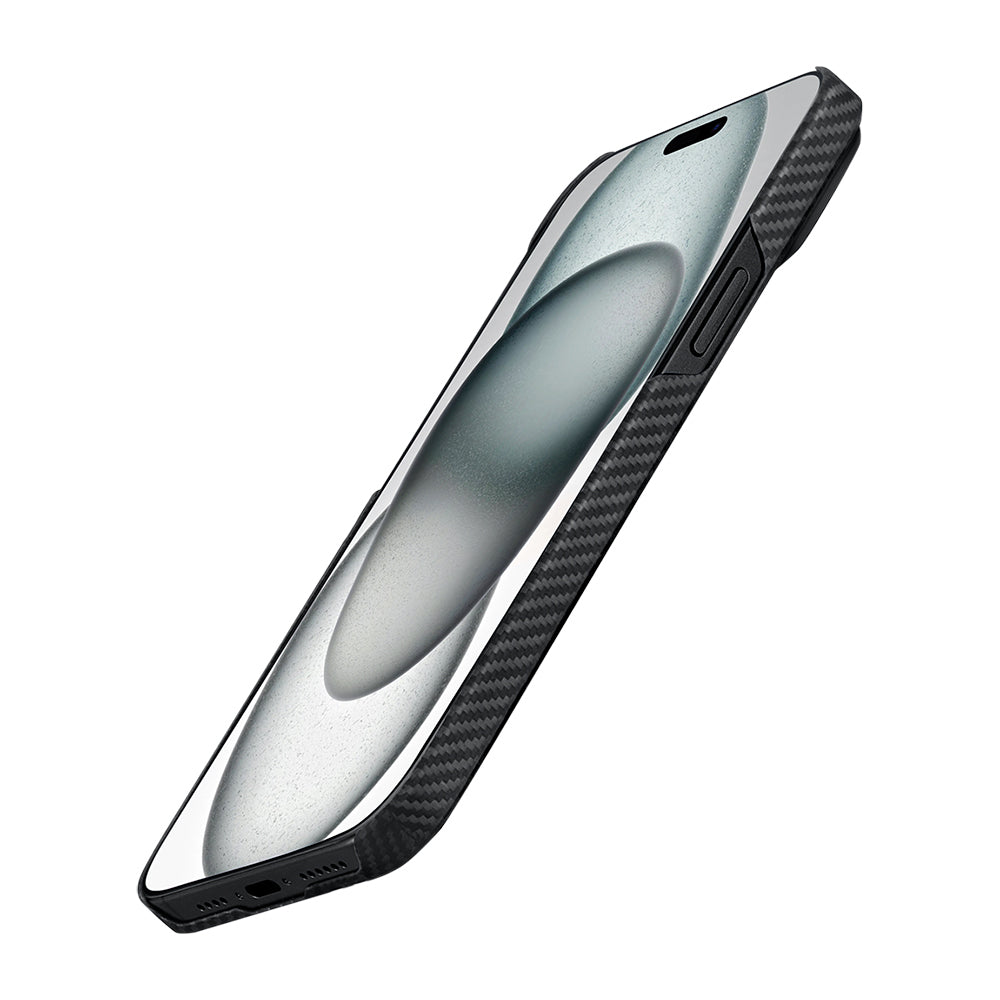 Apple iPhone 15 Pro Kılıf M-safe Şarj Özellikli 600D Aramid Fiber Pitaka Ultra-Slim Classic Serisi Black-Grey Twill Kapak Siyah-Gri