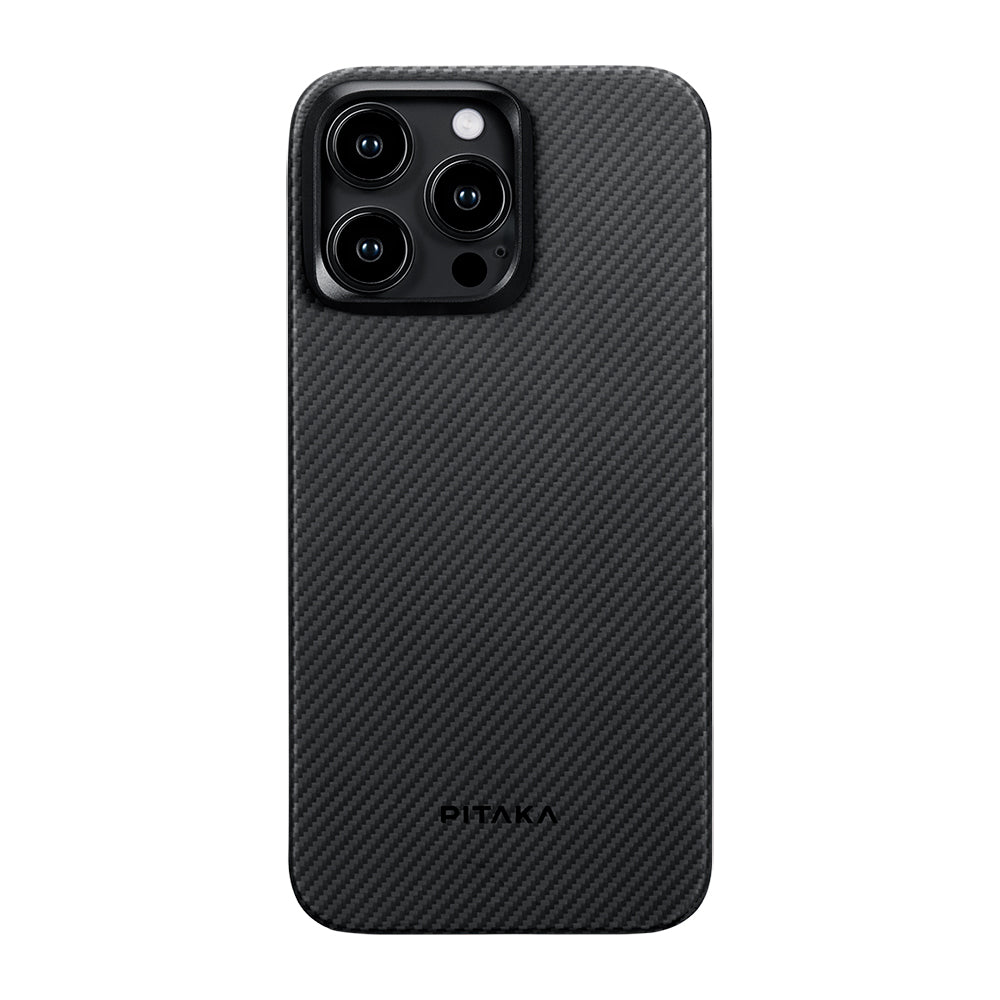 Apple iPhone 15 Pro Kılıf M-safe Şarj Özellikli 600D Aramid Fiber Pitaka Ultra-Slim Classic Serisi Black-Grey Twill Kapak Siyah-Gri