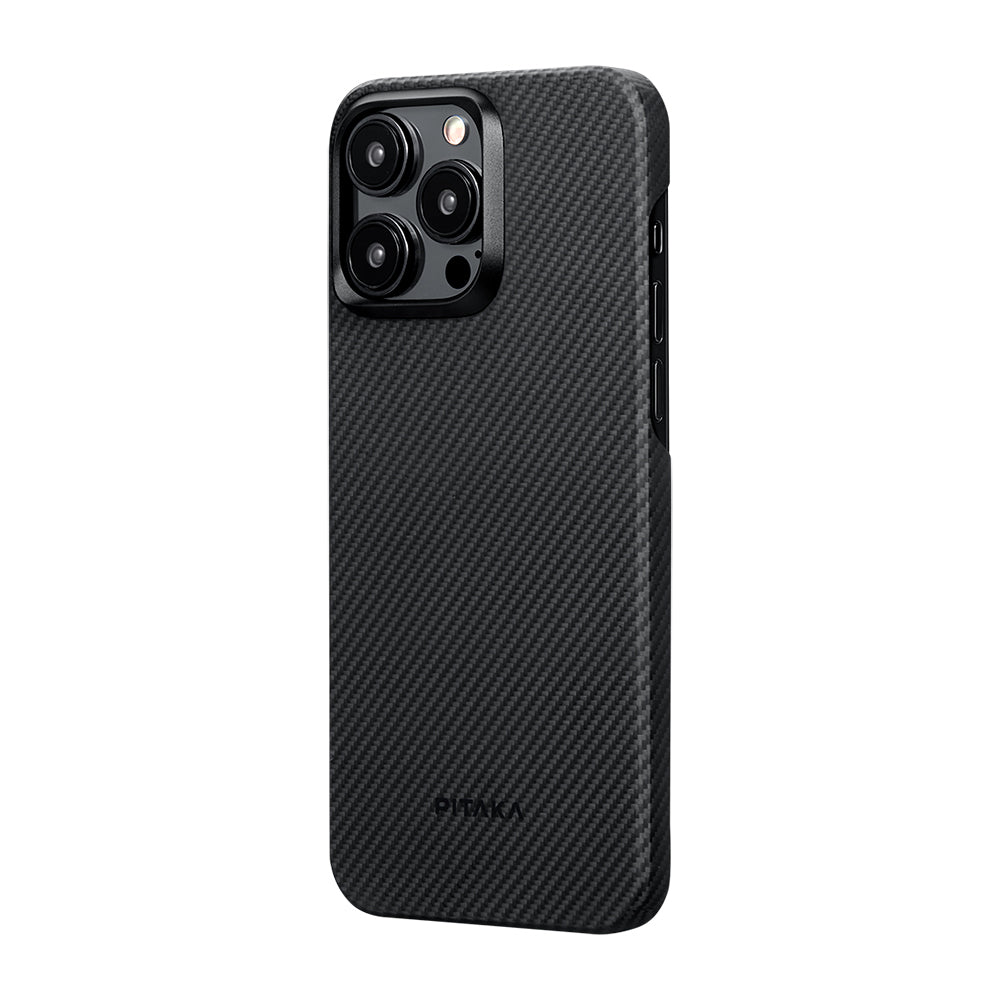 Apple iPhone 15 Pro Kılıf M-safe Şarj Özellikli 600D Aramid Fiber Pitaka Ultra-Slim Classic Serisi Black-Grey Twill Kapak Siyah-Gri