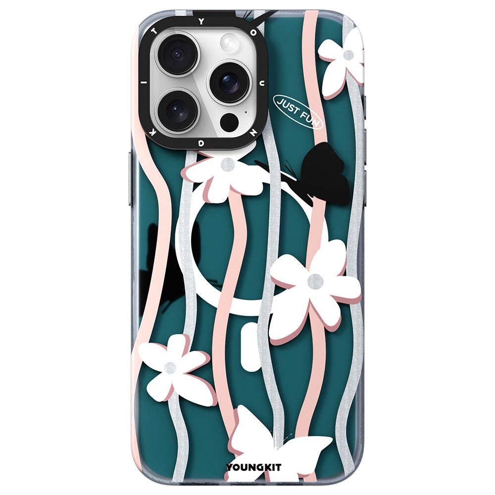 Apple iPhone 15 Pro Kılıf M-safe Şarj Özellikli Airbagli Çift Katmanlı Youngkit Star&Butterfly Serisi Kapak Mavi