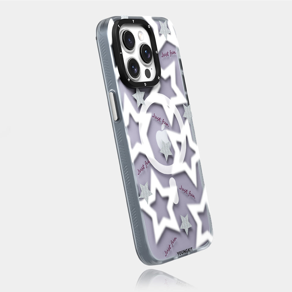 Apple iPhone 15 Pro Kılıf M-safe Şarj Özellikli Airbagli Çift Katmanlı Youngkit Star&Butterfly Serisi Kapak Mor