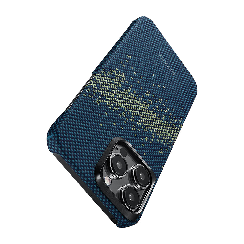 Apple iPhone 15 Pro Kılıf M-safe Şarj Özellikli Aramid Fiber Pitaka Tactile Woven Starpeak Serisi Milky Way Galaxy Kapak Mavi