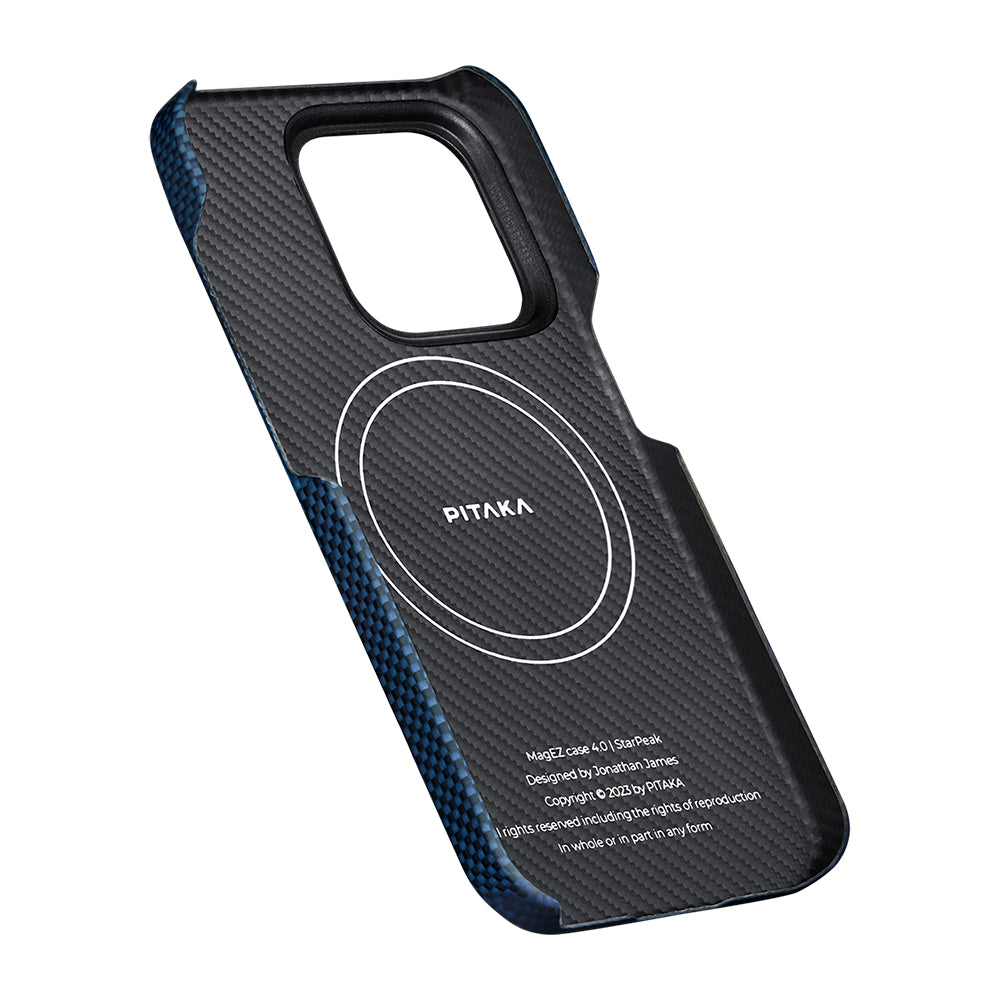 Apple iPhone 15 Pro Kılıf M-safe Şarj Özellikli Aramid Fiber Pitaka Tactile Woven Starpeak Serisi Over The Horizon Kapak Mavi