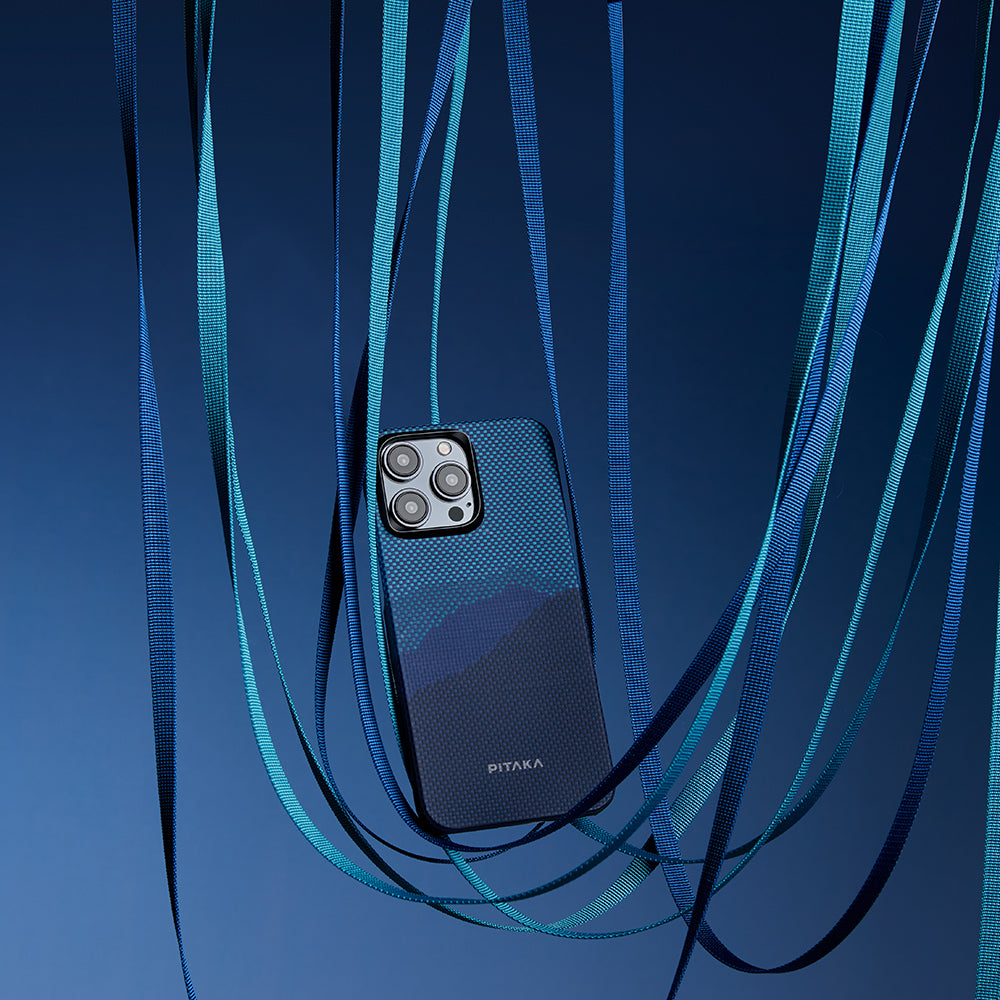 Apple iPhone 15 Pro Kılıf M-safe Şarj Özellikli Aramid Fiber Pitaka Tactile Woven Starpeak Serisi Over The Horizon Kapak Mavi
