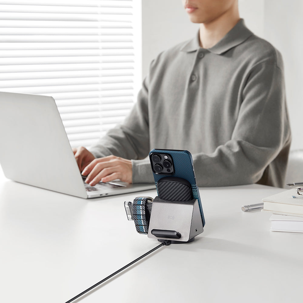 Apple iPhone 15 Pro Kılıf M-safe Şarj Özellikli Aramid Fiber Pitaka Tactile Woven Sunset-Moonrise Serisi Moonrise Kapak Mavi