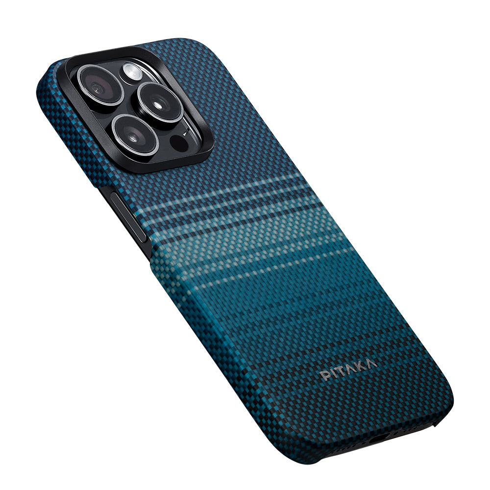 Apple iPhone 15 Pro Kılıf M-safe Şarj Özellikli Aramid Fiber Pitaka Tactile Woven Sunset-Moonrise Serisi Moonrise Kapak Mavi