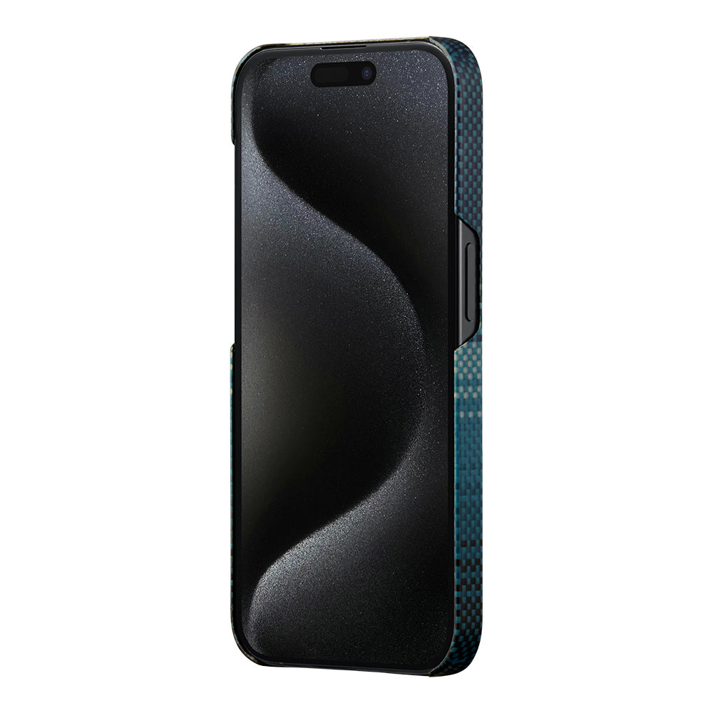 Apple iPhone 15 Pro Kılıf M-safe Şarj Özellikli Aramid Fiber Pitaka Tactile Woven Sunset-Moonrise Serisi Moonrise Kapak Mavi