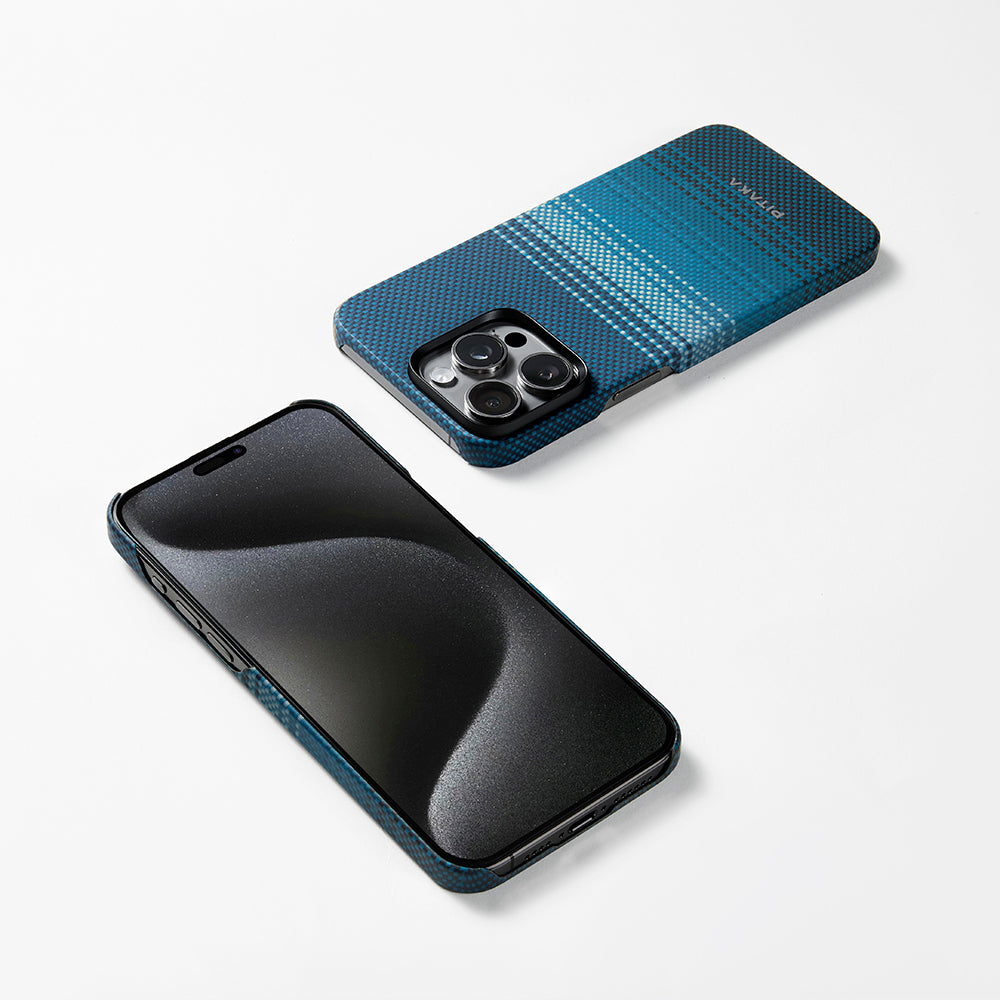 Apple iPhone 15 Pro Kılıf M-safe Şarj Özellikli Aramid Fiber Pitaka Tactile Woven Sunset-Moonrise Serisi Moonrise Kapak Mavi