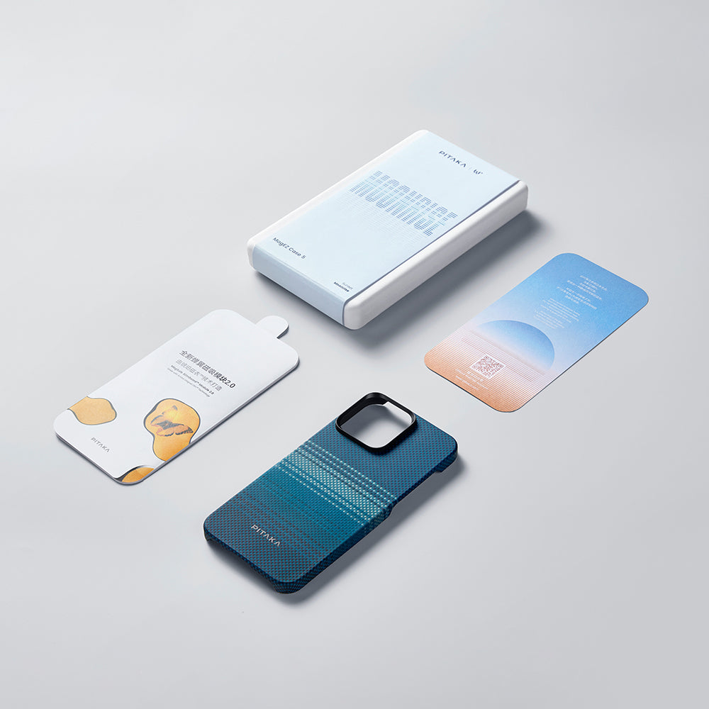 Apple iPhone 15 Pro Kılıf M-safe Şarj Özellikli Aramid Fiber Pitaka Tactile Woven Sunset-Moonrise Serisi Moonrise Kapak Mavi