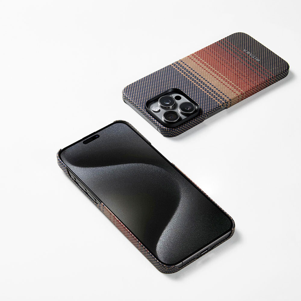 Apple iPhone 15 Pro Kılıf M-safe Şarj Özellikli Aramid Fiber Pitaka Tactile Woven Sunset-Moonrise Serisi Sunset Kapak Kahverengi