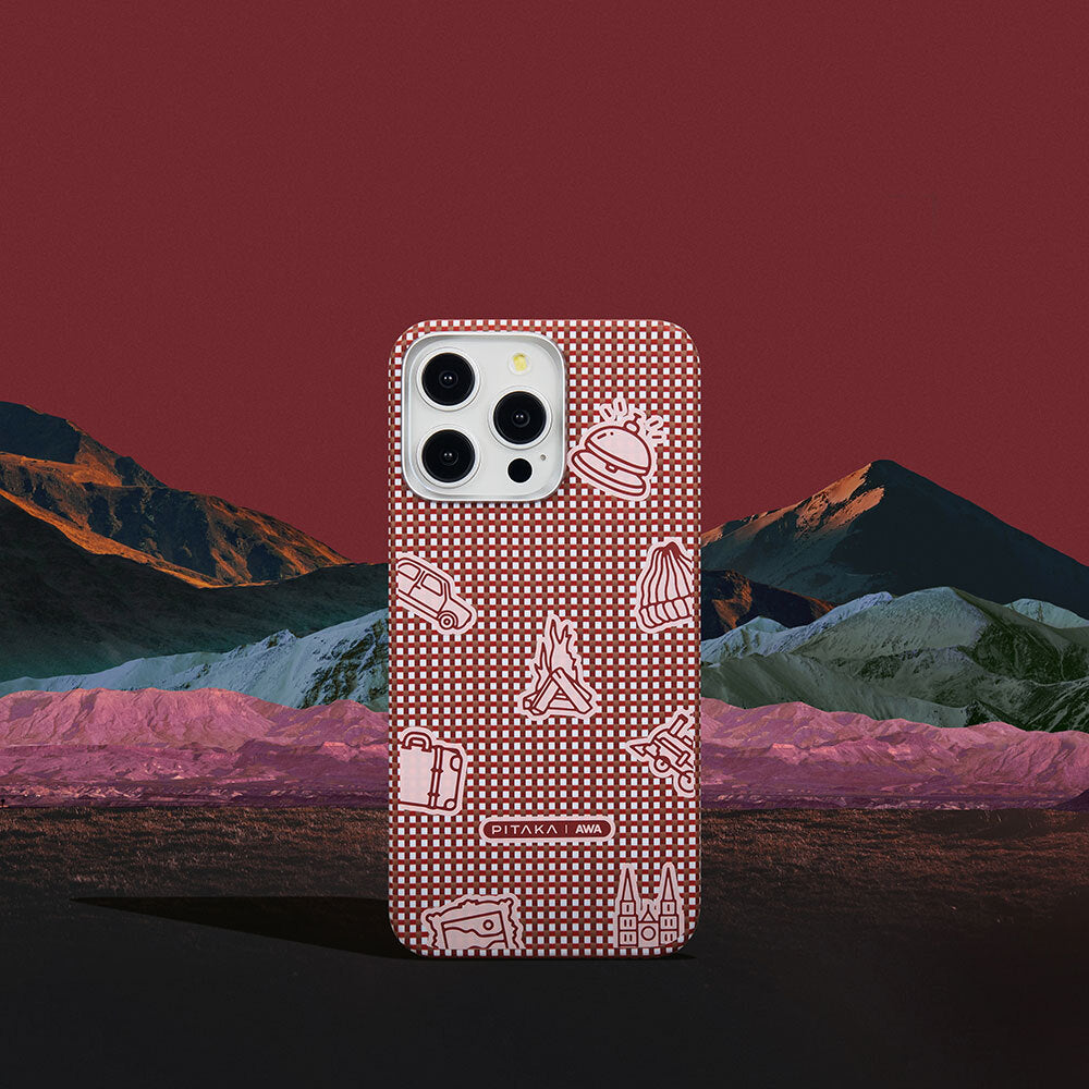 Apple iPhone 15 Pro Kılıf M-safe Şarj Özellikli Awa Tasarımlı 1500D Aramid Fiber Pitaka Ultra-Slim Classic Serisi Bonfire Kapak Kırmızı