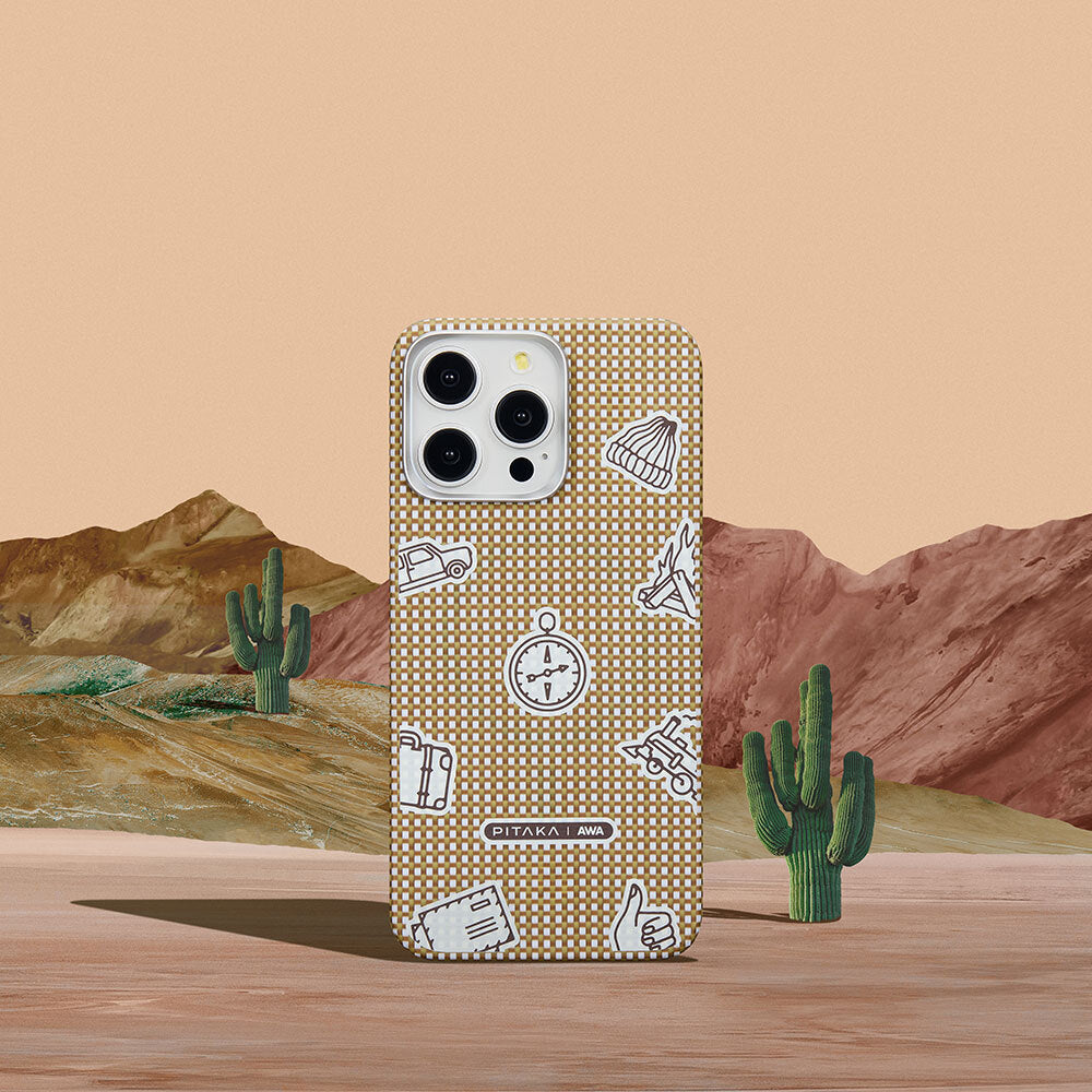 Apple iPhone 15 Pro Kılıf M-safe Şarj Özellikli Awa Tasarımlı 1500D Aramid Fiber Pitaka Ultra-Slim Classic Serisi Canyon Kapak Sarı