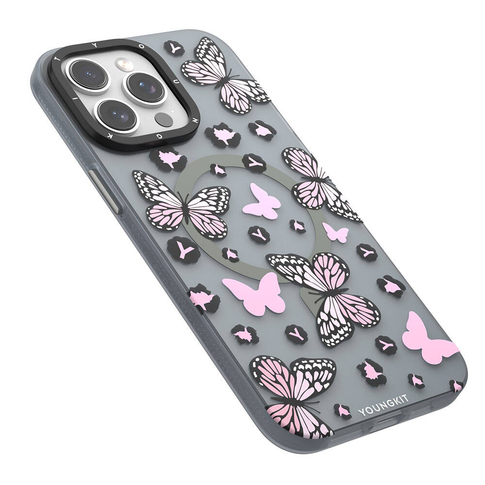 Apple iPhone 15 Pro Kılıf M-safe Şarj Özellikli Kelebek Desenli Youngkit Shadow Dance Serisi Kapak Pembe