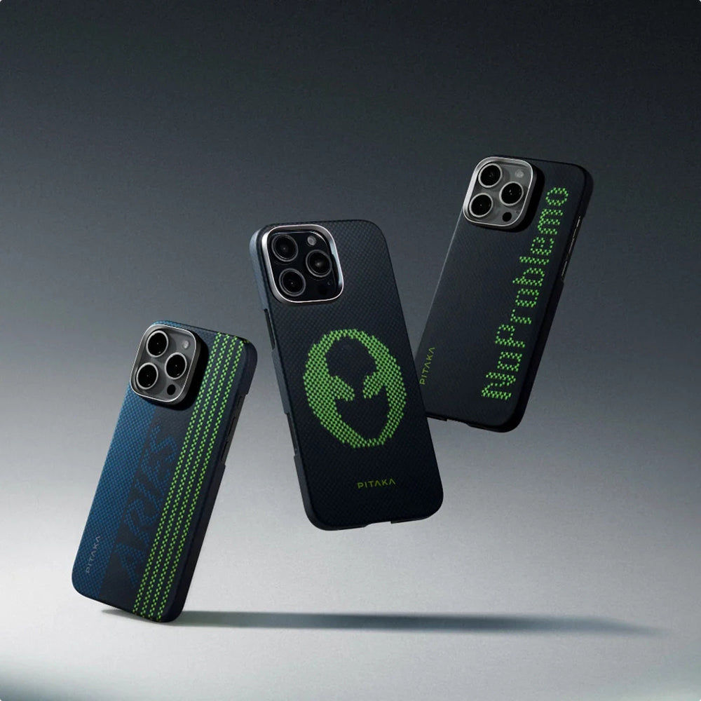 Apple iPhone 15 Pro Kılıf M-safe Şarj Özellikli Lumintex Teknolojili Fosforlu Aramid Fiber Pitaka Tactile Woven Aries Serisi Kapak Siyah