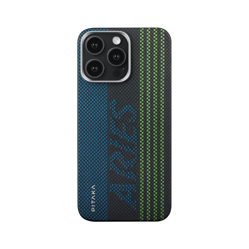 Apple iPhone 15 Pro Kılıf M-safe Şarj Özellikli Lumintex Teknolojili Fosforlu Aramid Fiber Pitaka Tactile Woven Aries Serisi Kapak Siyah-Mavi