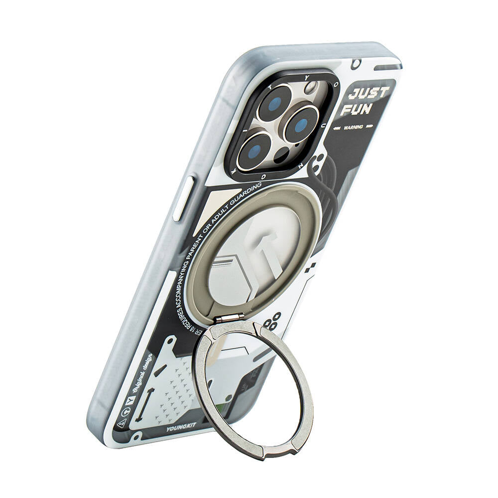 Apple iPhone 15 Pro Kılıf M-safe Şarj Özellikli Youngkit 360° Standlı Starship Serisi Kapak Beyaz