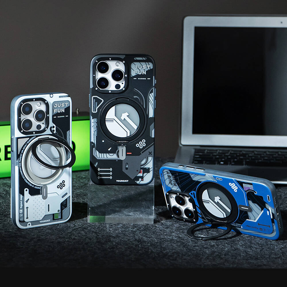 Apple iPhone 15 Pro Kılıf M-safe Şarj Özellikli Youngkit 360° Standlı Starship Serisi Kapak Beyaz