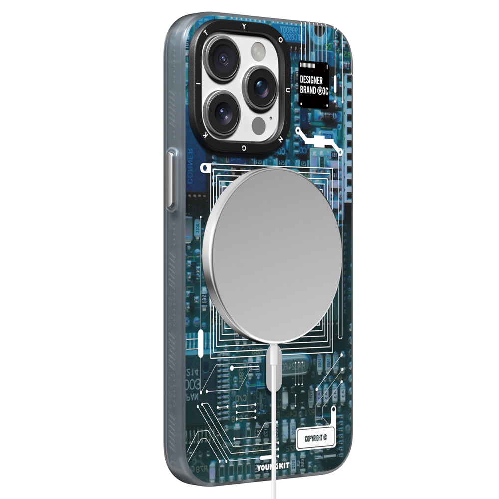 Apple iPhone 15 Pro Kılıf M-safe Şarj Özellikli Youngkit 360° Standlı Technology Serisi Kapak Mavi