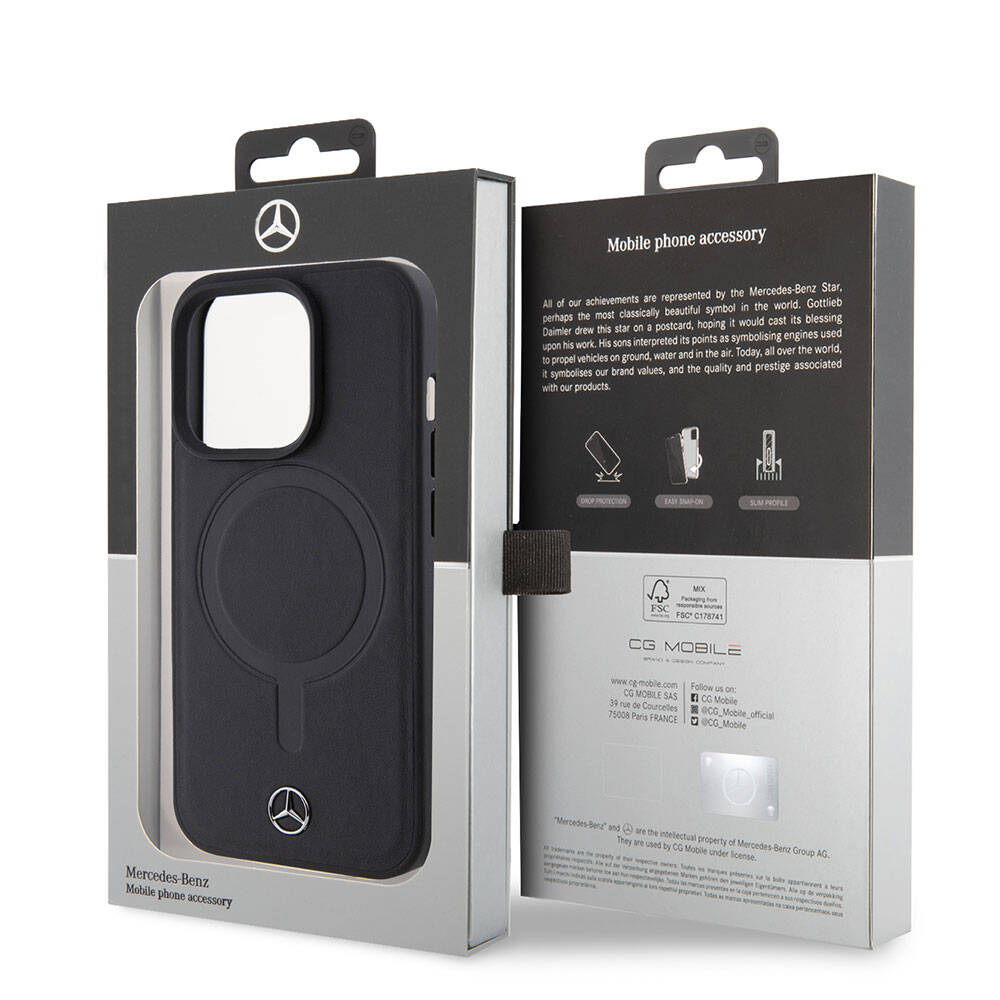 Apple iPhone 15 Pro Kılıf Mercedes Benz M-safe Şarj Özellikli Yumuşak Deri Orjinal Lisanslı Kapak Siyah