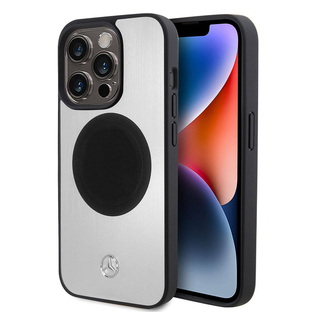 Apple iPhone 15 Pro Kılıf Mercedes Benz Orjinal Lisanslı M-safe Şarj Özellikli Alüminyum Arka Yüzey Metal Yıldız Logolu Kapak Gümüş