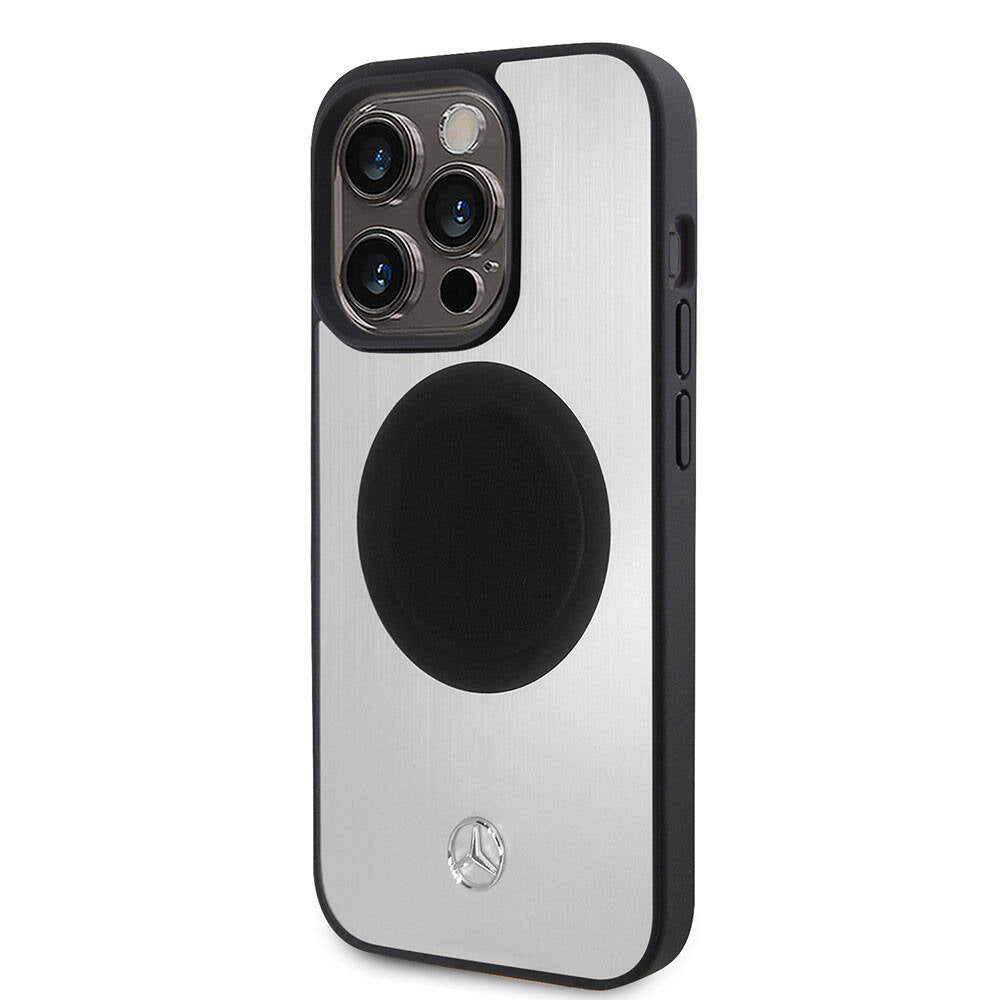 Apple iPhone 15 Pro Kılıf Mercedes Benz Orjinal Lisanslı M-safe Şarj Özellikli Alüminyum Arka Yüzey Metal Yıldız Logolu Kapak Gümüş