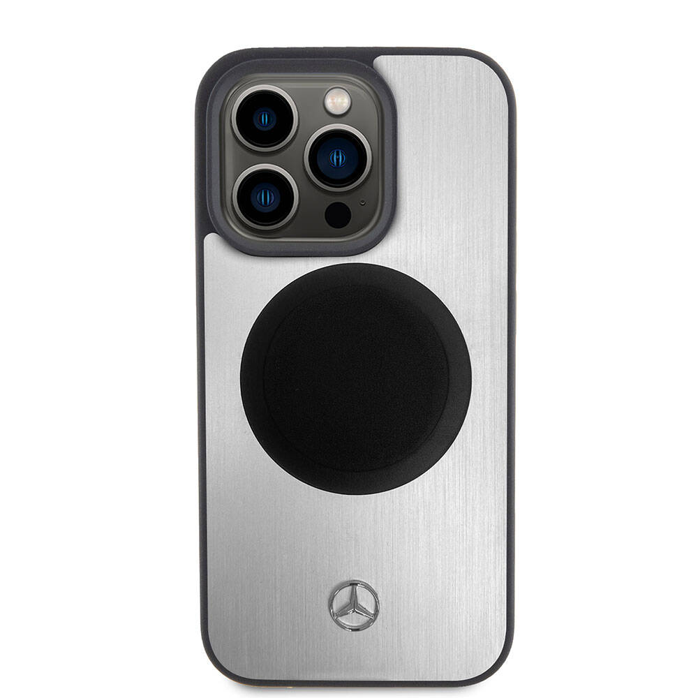Apple iPhone 15 Pro Kılıf Mercedes Benz Orjinal Lisanslı M-safe Şarj Özellikli Alüminyum Arka Yüzey Metal Yıldız Logolu Kapak Gümüş