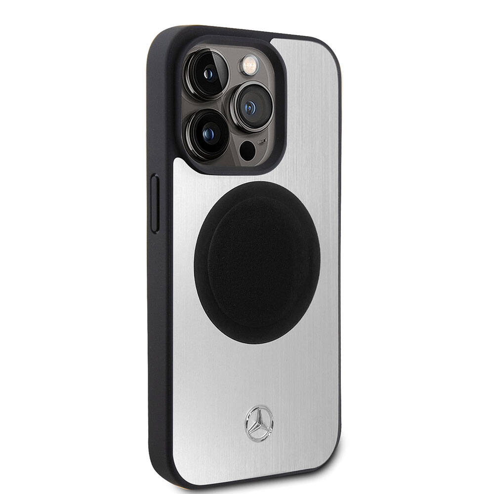 Apple iPhone 15 Pro Kılıf Mercedes Benz Orjinal Lisanslı M-safe Şarj Özellikli Alüminyum Arka Yüzey Metal Yıldız Logolu Kapak Gümüş