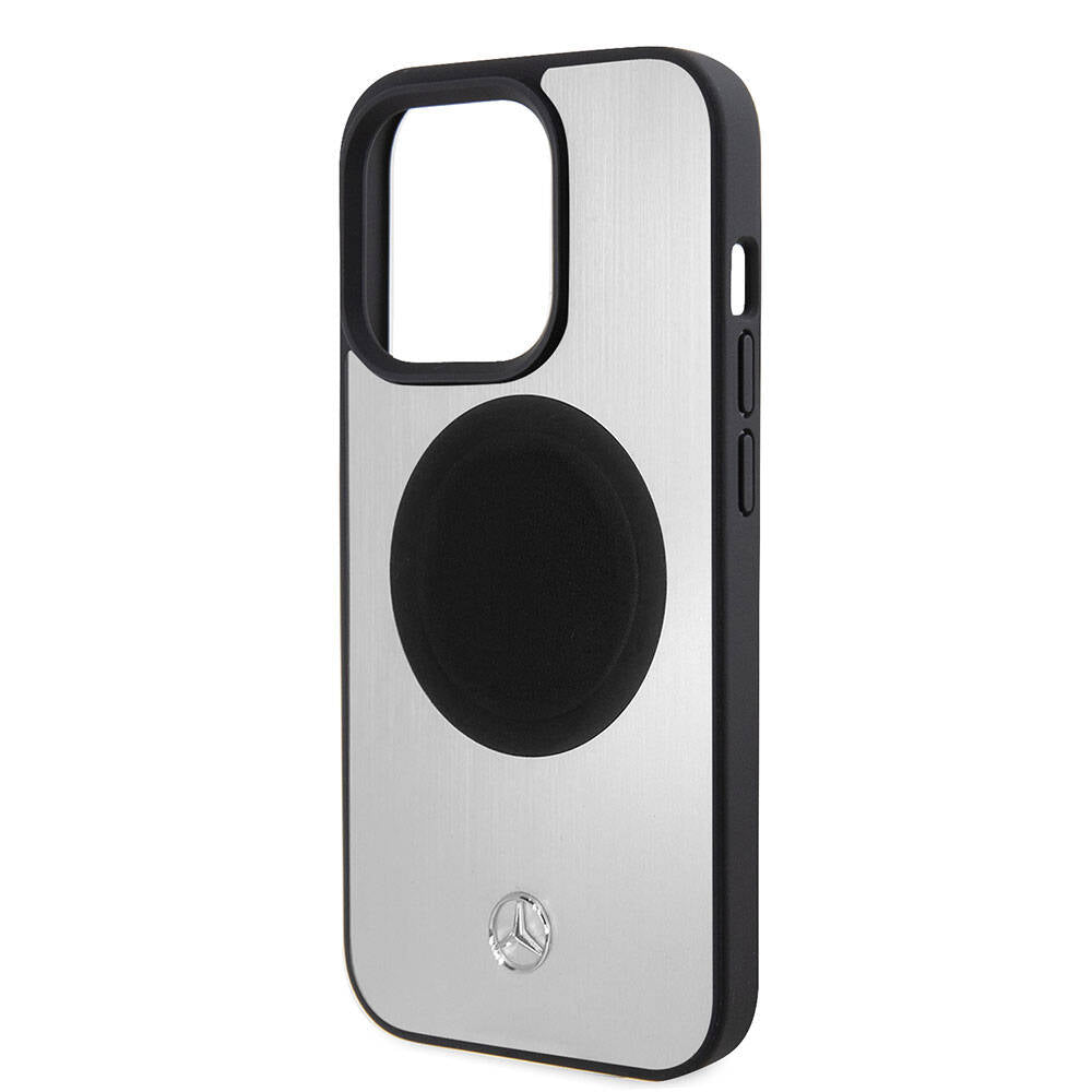 Apple iPhone 15 Pro Kılıf Mercedes Benz Orjinal Lisanslı M-safe Şarj Özellikli Alüminyum Arka Yüzey Metal Yıldız Logolu Kapak Gümüş