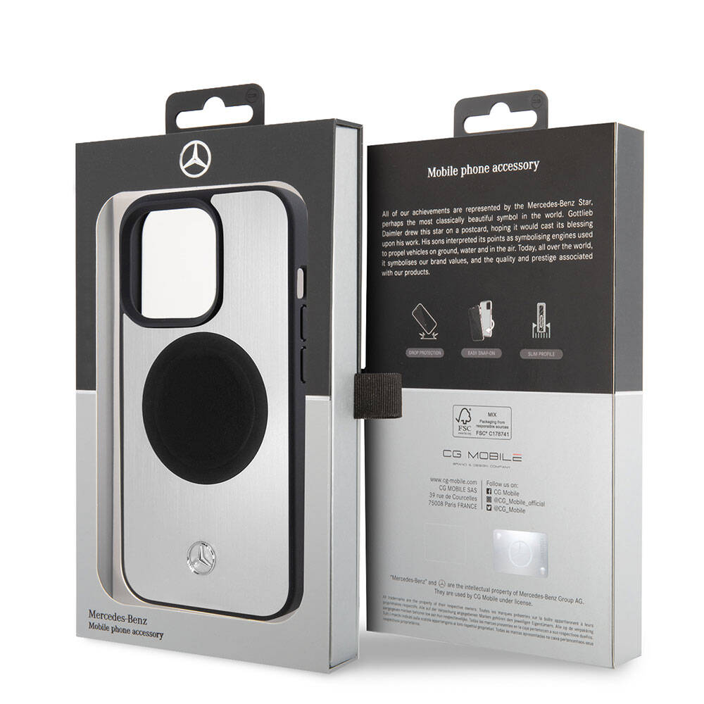 Apple iPhone 15 Pro Kılıf Mercedes Benz Orjinal Lisanslı M-safe Şarj Özellikli Alüminyum Arka Yüzey Metal Yıldız Logolu Kapak Gümüş