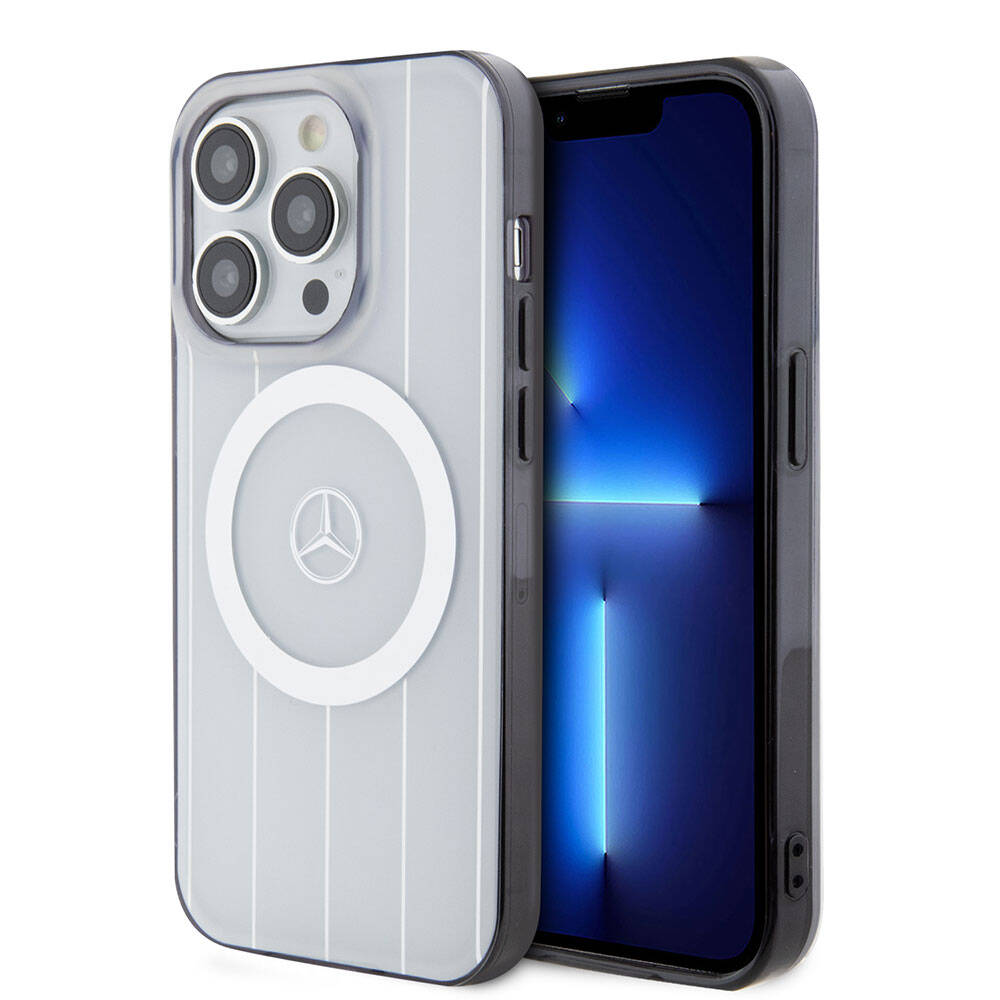 Apple iPhone 15 Pro Kılıf Mercedes Benz Orjinal Lisanslı M-safe Şarj Özellikli Çift Katmanlı Paralel Çizgi Desenli Kapak Siyah
