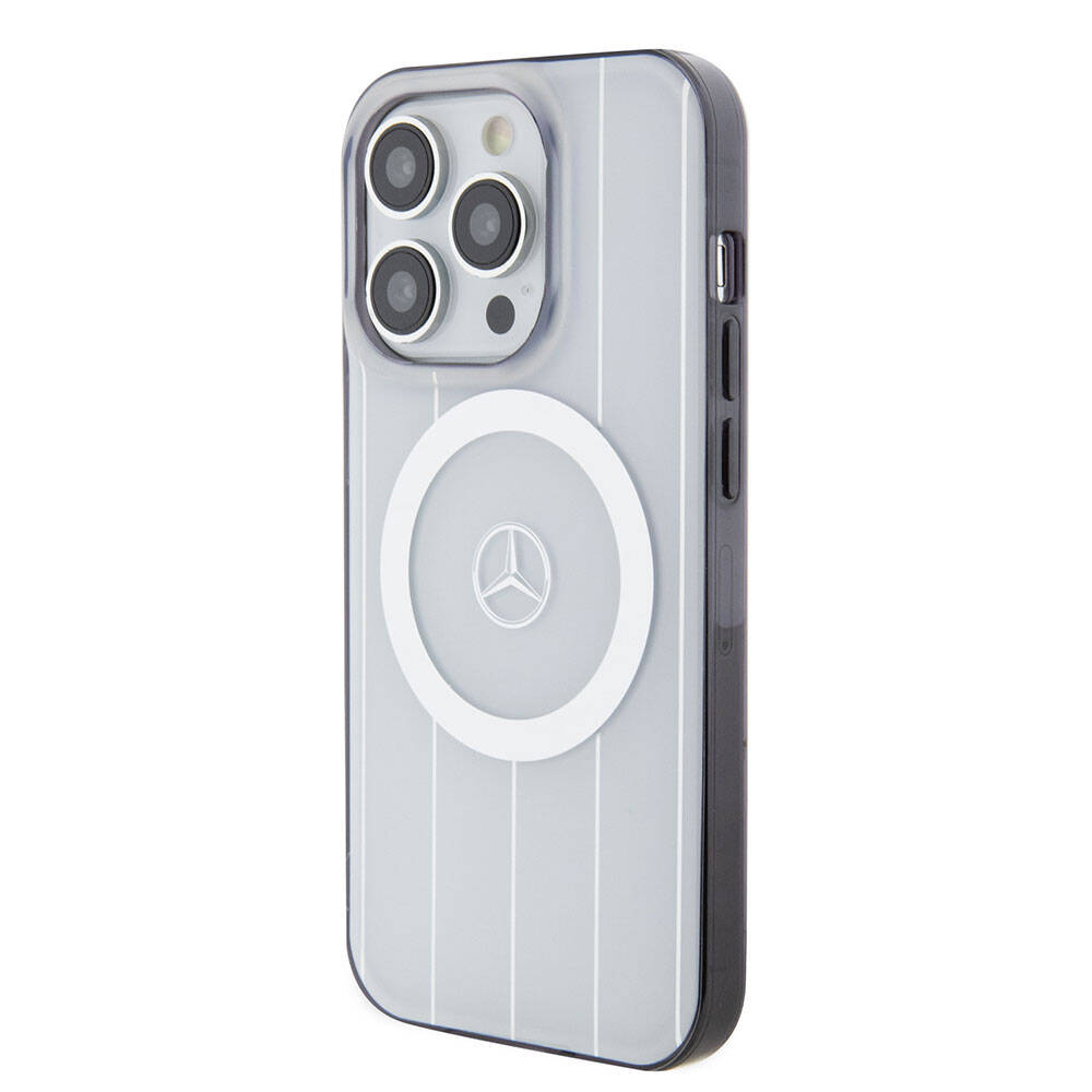 Apple iPhone 15 Pro Kılıf Mercedes Benz Orjinal Lisanslı M-safe Şarj Özellikli Çift Katmanlı Paralel Çizgi Desenli Kapak Beyaz