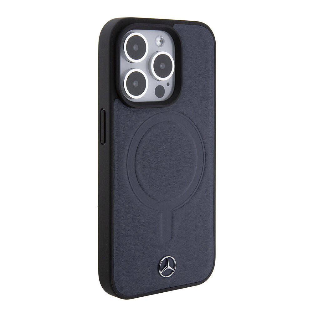 Apple iPhone 15 Pro Kılıf Mercedes Benz Orjinal Lisanslı M-safe Şarj Özellikli Metal Yıldız Logolu Pürüzsüz Deri Kapak Lacivert