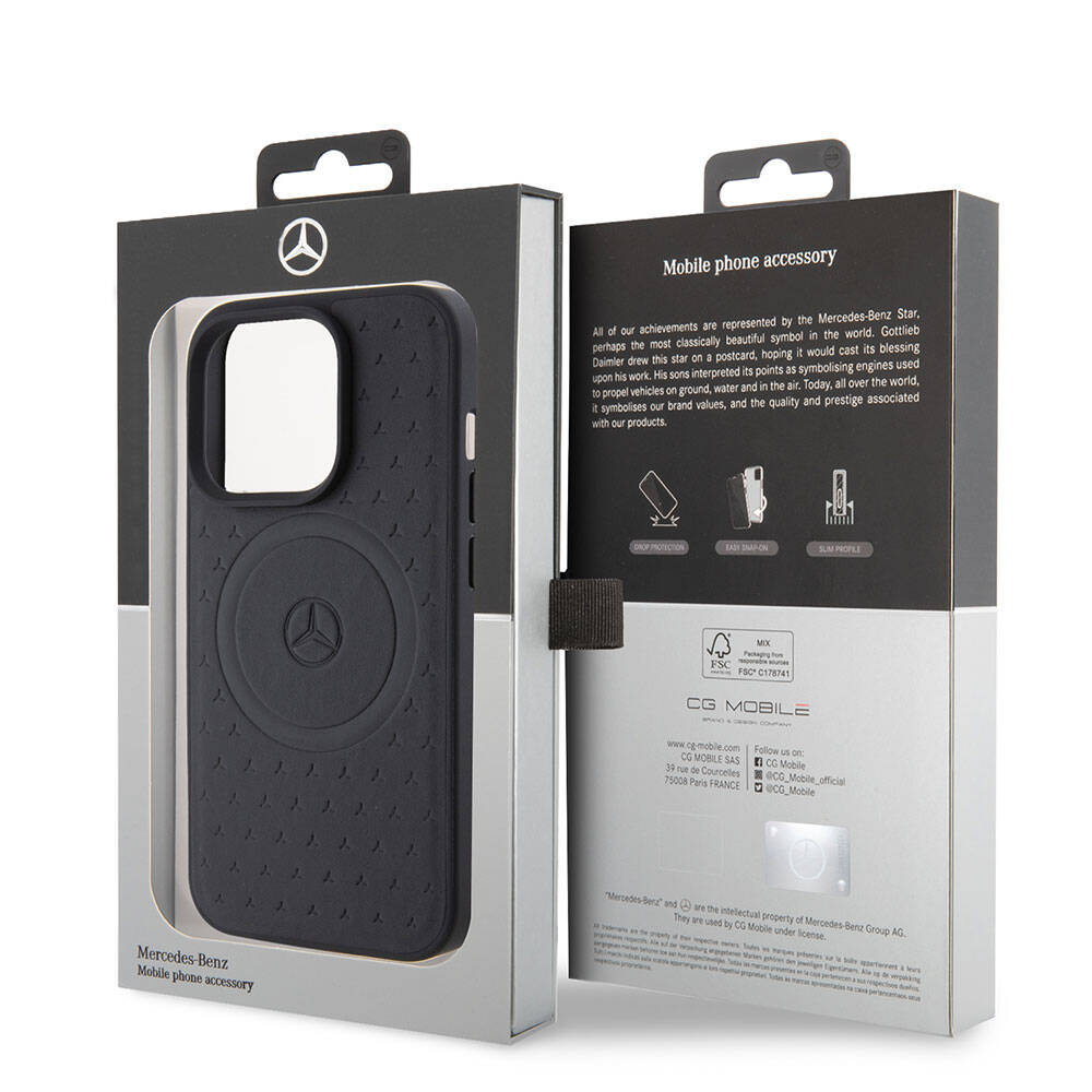 Apple iPhone 15 Pro Kılıf Mercedes Benz Orjinal Lisanslı M-safe Şarj Özellikli Mühürlü Yıldız Desenli ve Logolu Deri Kapak Lacivert