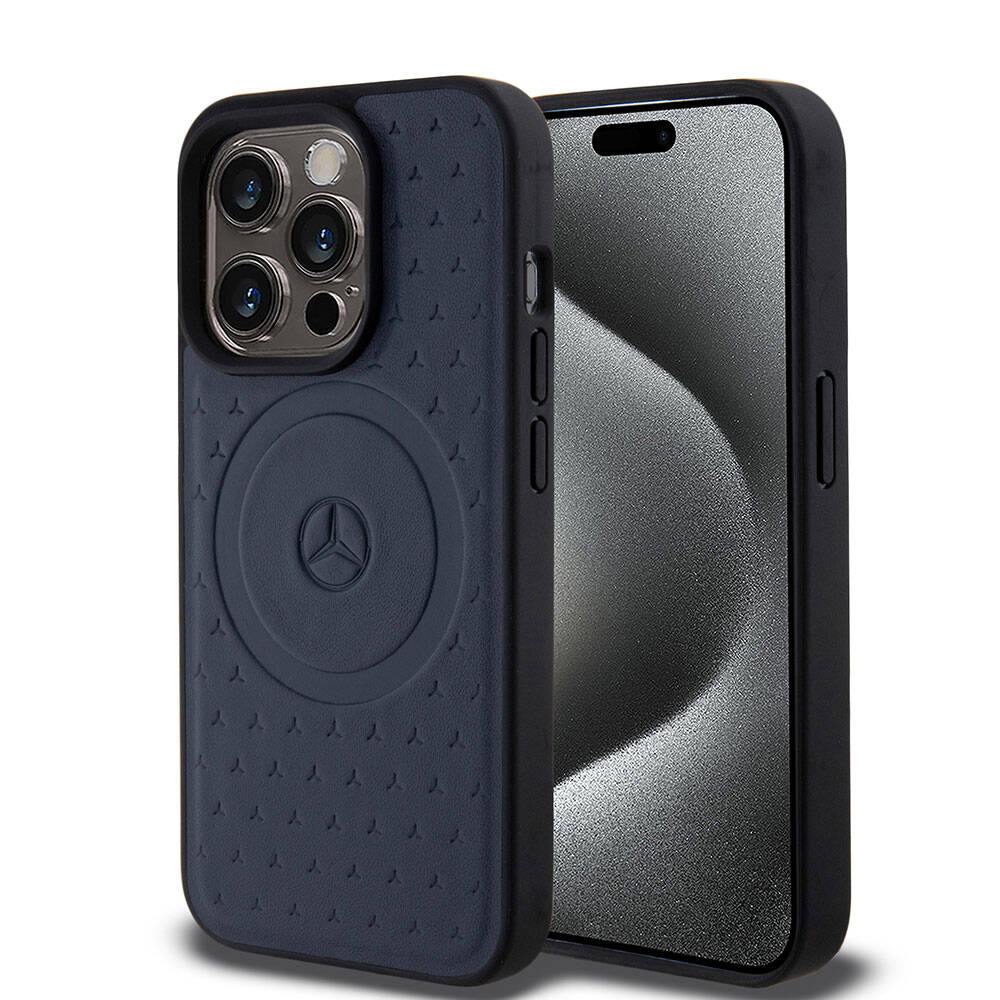 Apple iPhone 15 Pro Kılıf Mercedes Benz Orjinal Lisanslı M-safe Şarj Özellikli Mühürlü Yıldız Desenli ve Logolu Deri Kapak Lacivert
