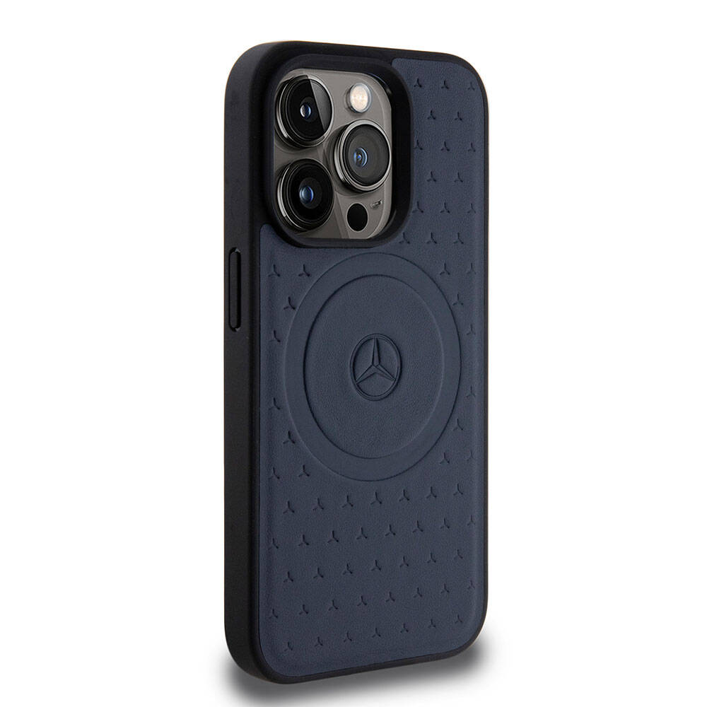 Apple iPhone 15 Pro Kılıf Mercedes Benz Orjinal Lisanslı M-safe Şarj Özellikli Mühürlü Yıldız Desenli ve Logolu Deri Kapak Siyah