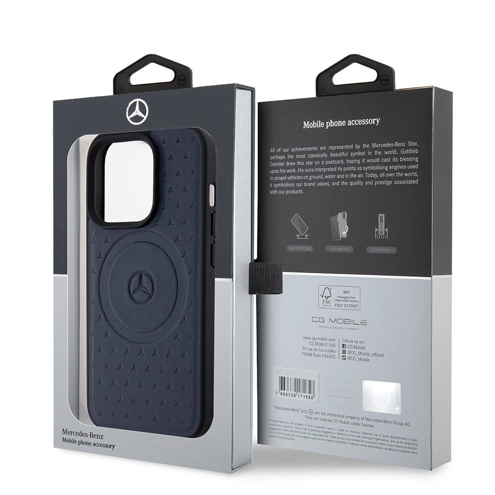 Apple iPhone 15 Pro Kılıf Mercedes Benz Orjinal Lisanslı M-safe Şarj Özellikli Mühürlü Yıldız Desenli ve Logolu Deri Kapak Siyah