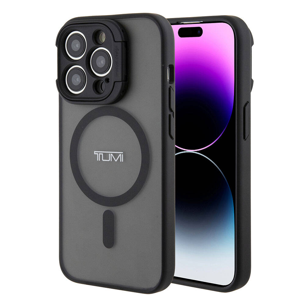 Apple iPhone 15 Pro Kılıf TUMI Orjinal Lisanslı M-safe Şarj Özellikli Kamera Standlı Buzlu Mat Kapak Siyah
