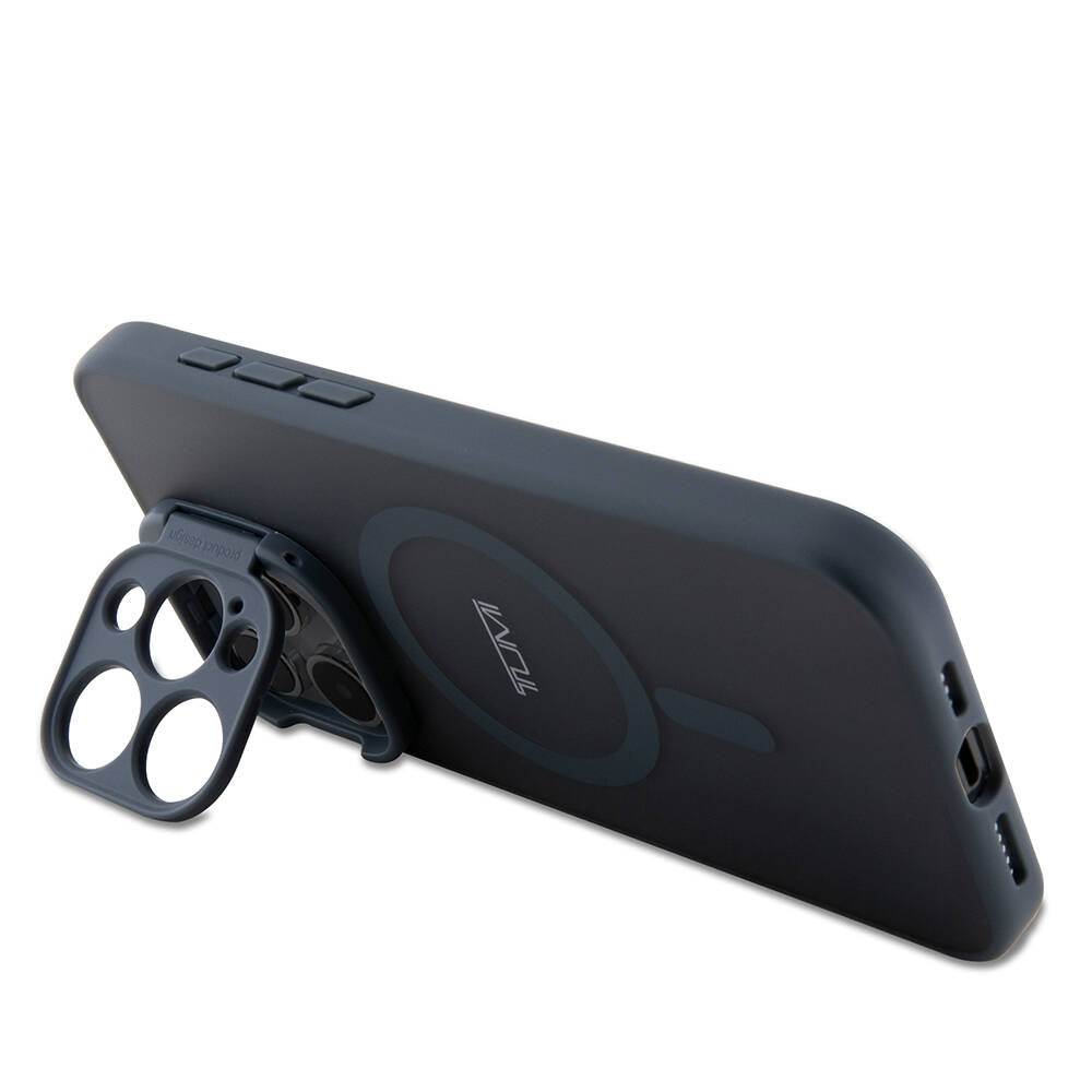 Apple iPhone 15 Pro Kılıf TUMI Orjinal Lisanslı M-safe Şarj Özellikli Kamera Standlı Buzlu Mat Kapak Siyah