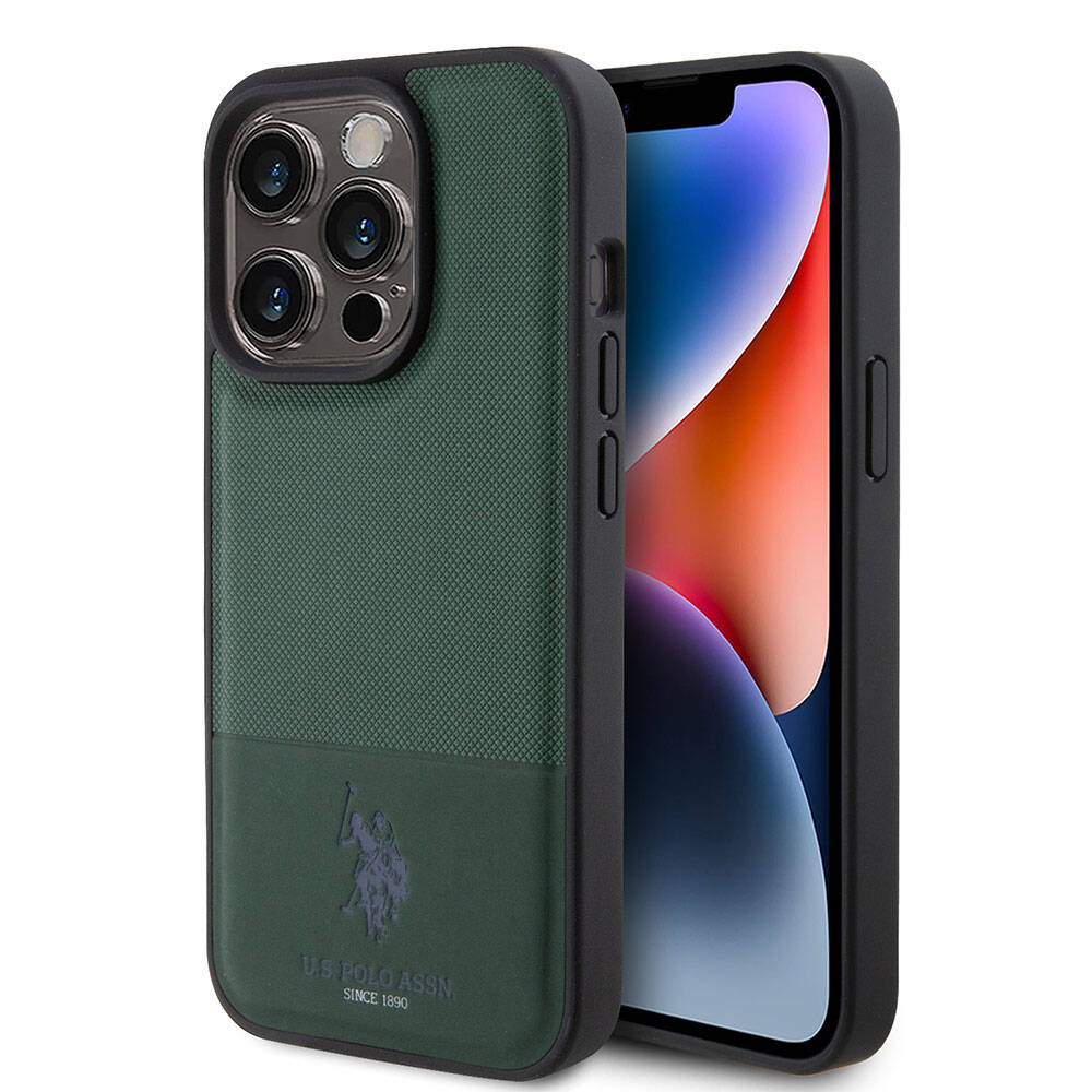 Apple iPhone 15 Pro Kılıf U.S. Polo Assn. Orjinal Lisanslı Suni Deri Arka Yüzey Baskı Logolu Örgü Desenli Kapak Yeşil