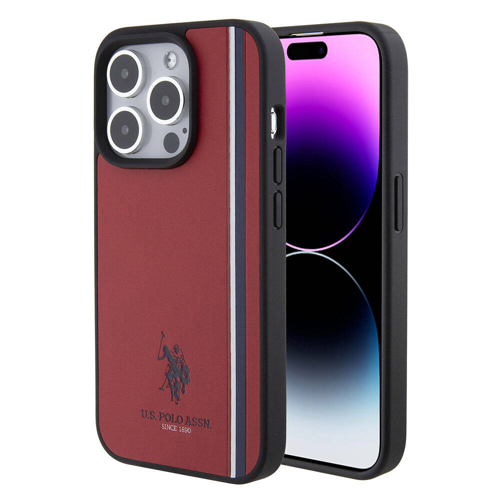 Apple iPhone 15 Pro Kılıf U.S. Polo Assn. Orjinal Lisanslı Üç Renk Şerit Tasarımlı Baskı Logolu Kapak Kırmızı