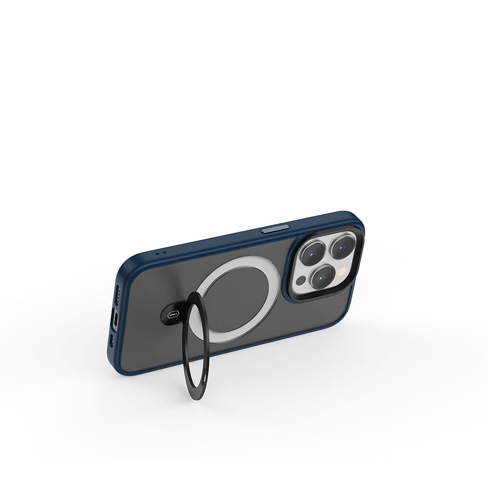 Apple iPhone 15 Pro Max Kılıf Wiwu ZMM-010 M-safe Şarj Özellikli Mat Arka Yüzey Standlı Kapak Mavi
